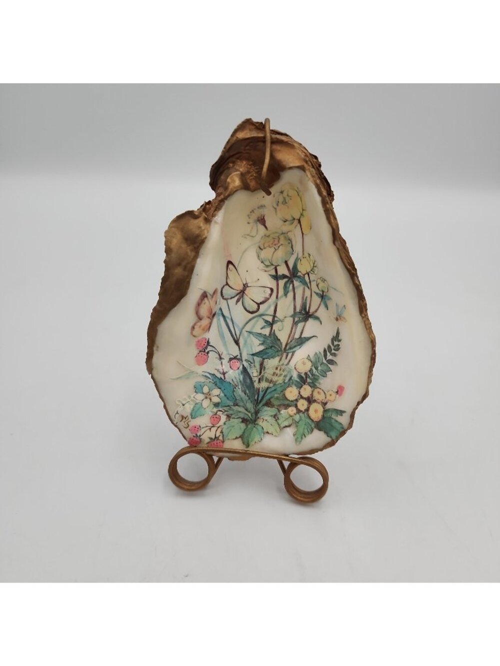 Floral Oyster Shell Ring Dish Oyster Shell Trinket Dish Decoupage Gold Stand 5"